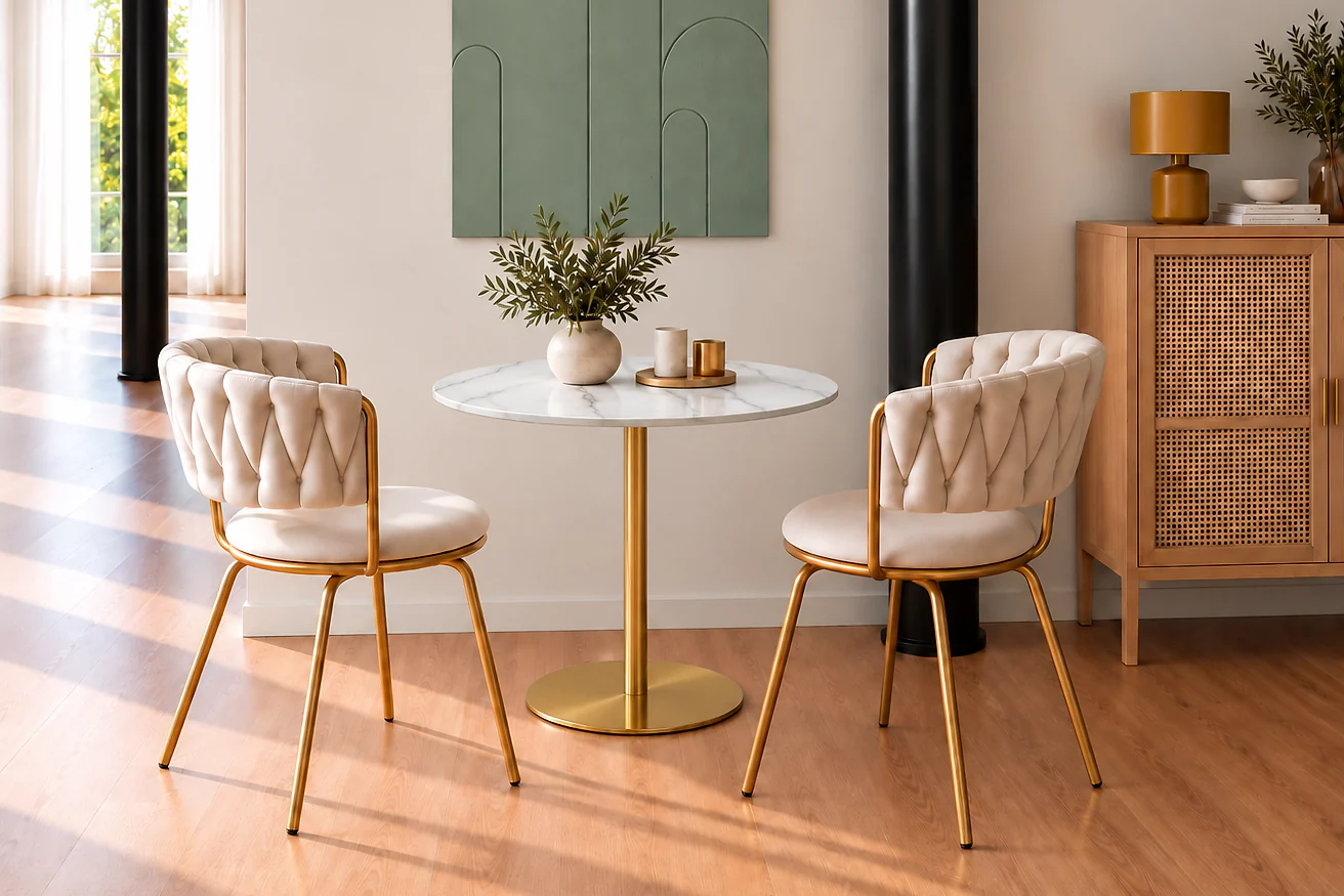 Consultation corner with a round marble table and two chairs in front of the green wall relief