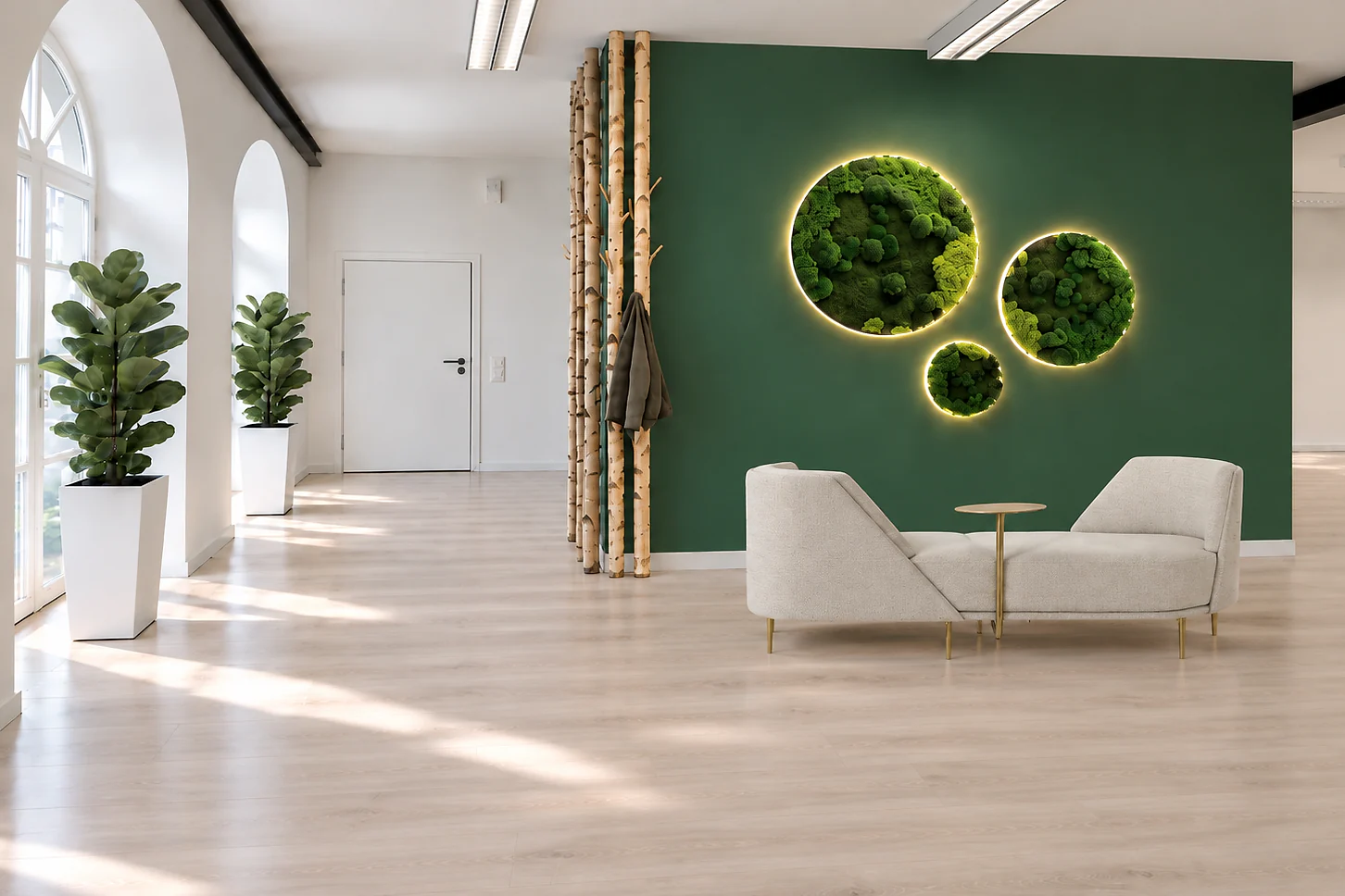 Waiting area with a sofa in front of the green wall with illuminated moss circles