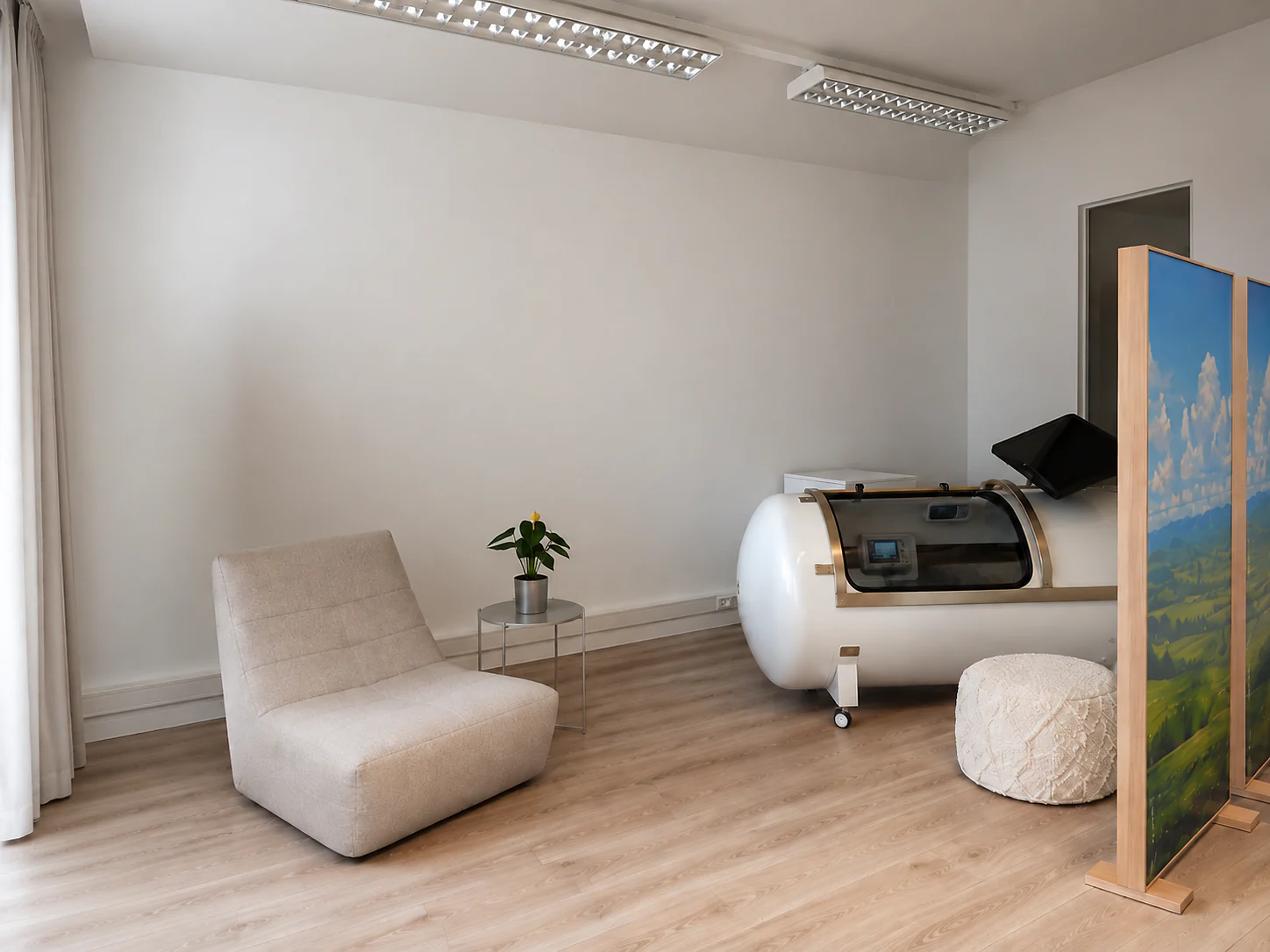 Room with the hyperbaric oxygen chamber, an armchair and a side table