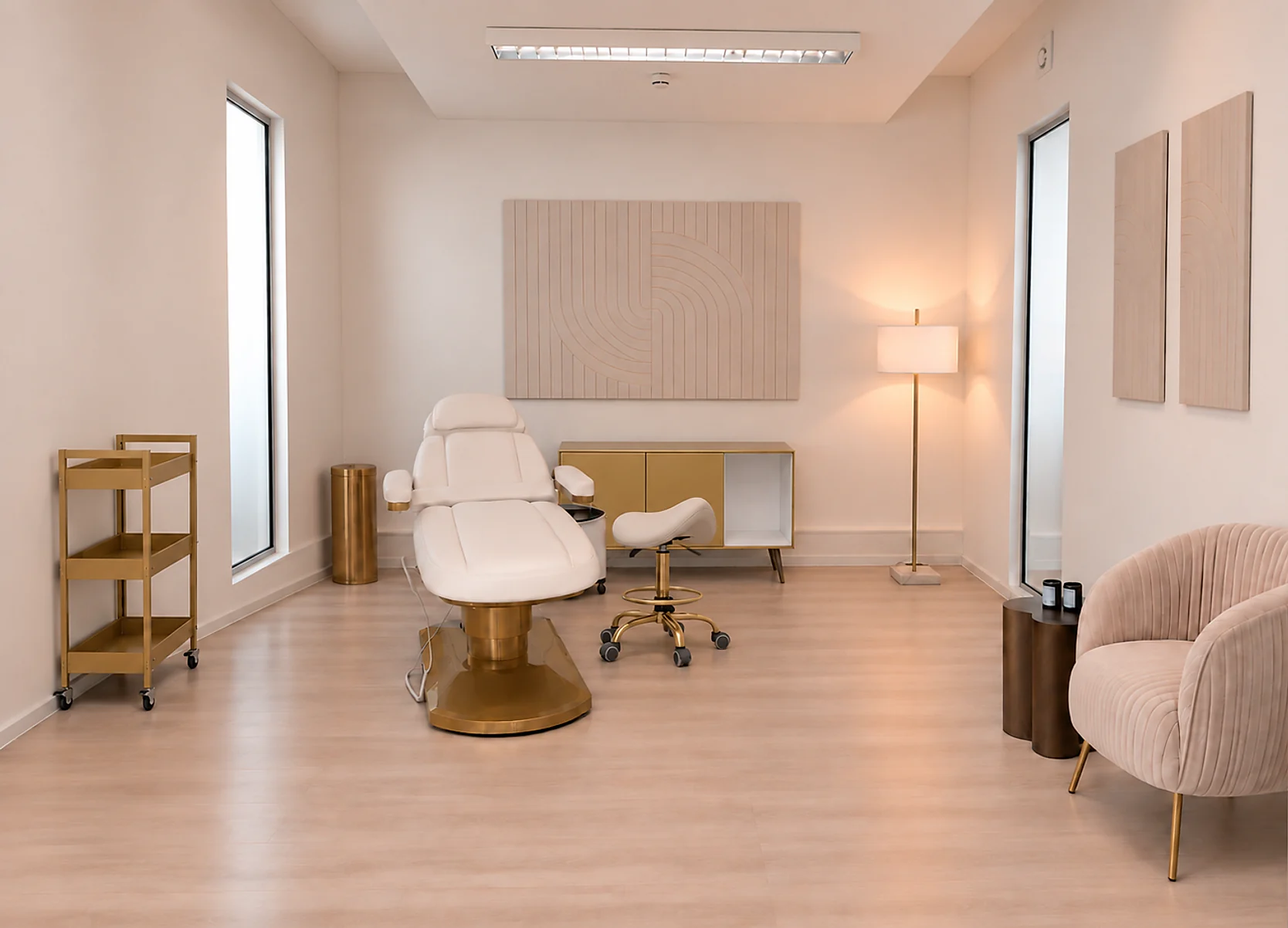 Treatment room for infusions and massage with a lounger, gold side cart and floor lamp